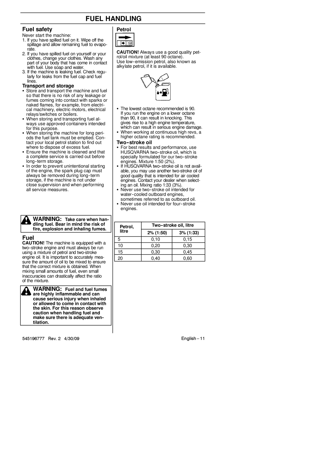 Husqvarna 128LDX manual Fuel Handling, Fuel safety 