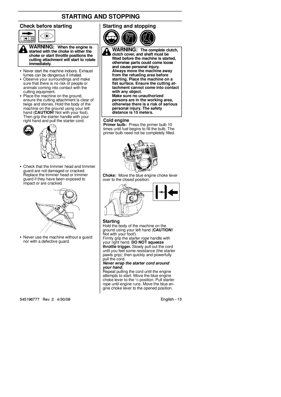 Husqvarna 128LDX manual Starting and Stopping, Check before starting, Starting and stopping, Cold engine 