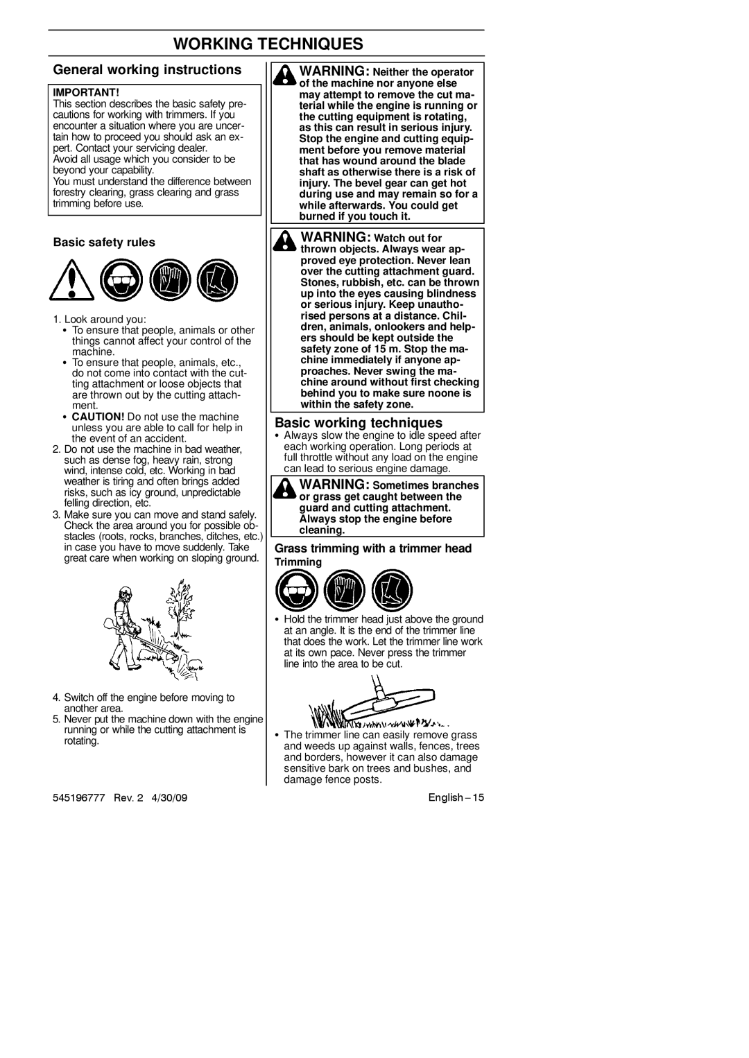 Husqvarna 128LDX manual Working Techniques, General working instructions, Basic working techniques, Basic safety rules 