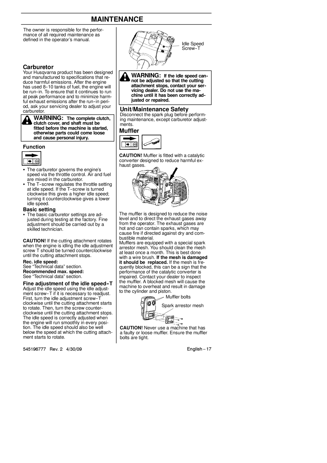 Husqvarna 128LDX manual Carburetor, Unit/Maintenance Safety, Muffler 