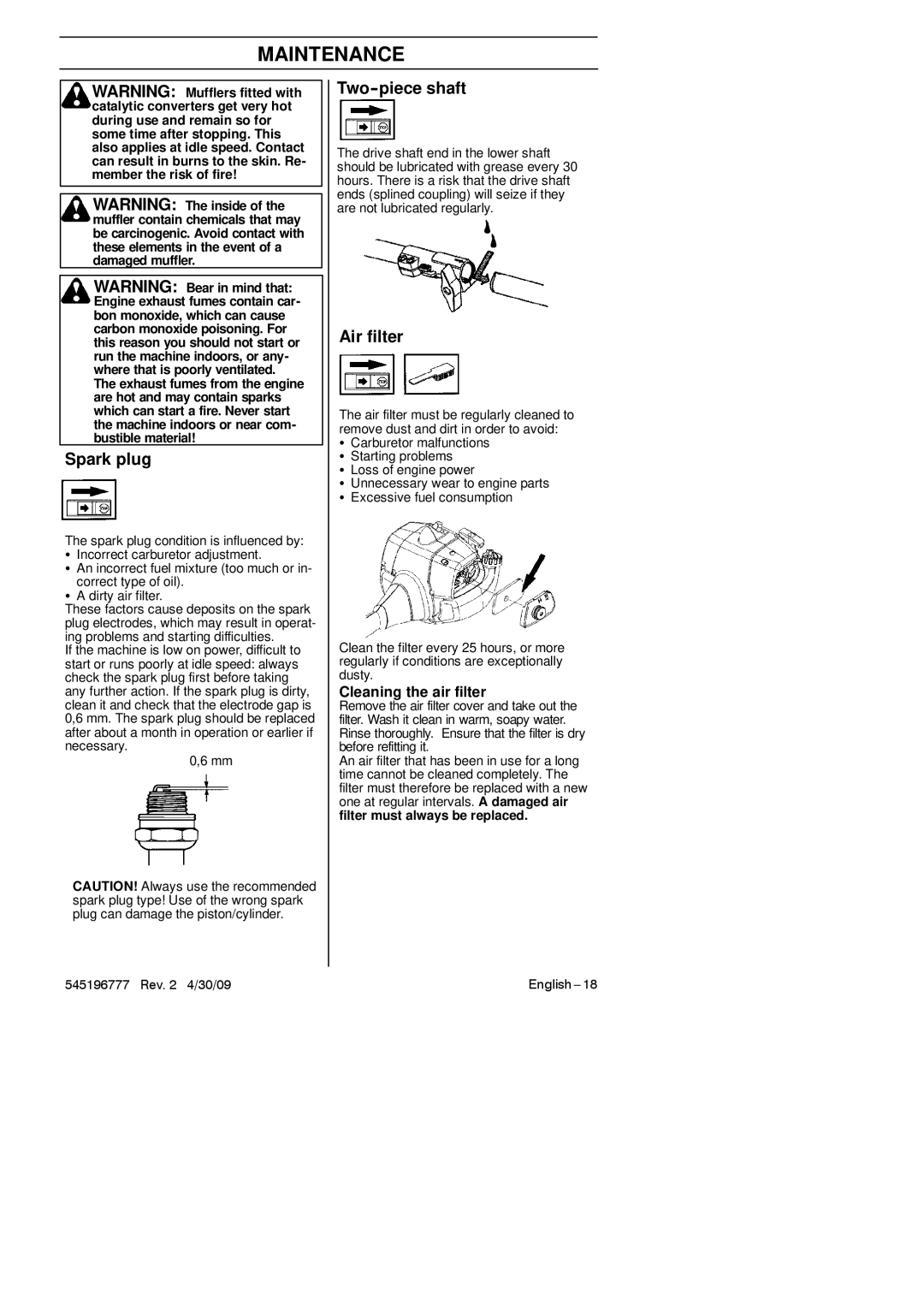 Husqvarna 128LDX manual Spark plug, Two--piece shaft, Air filter, Cleaning the air filter 