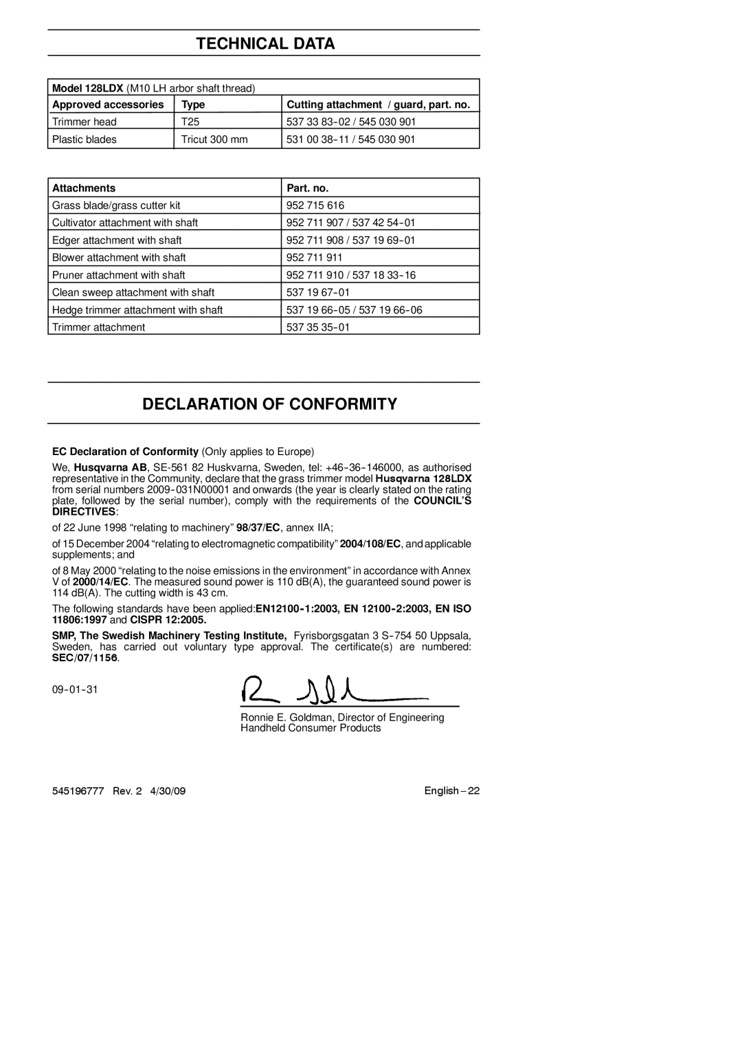 Husqvarna 128LDX manual Attachments Part. no, EC Declaration of Conformity Only applies to Europe 