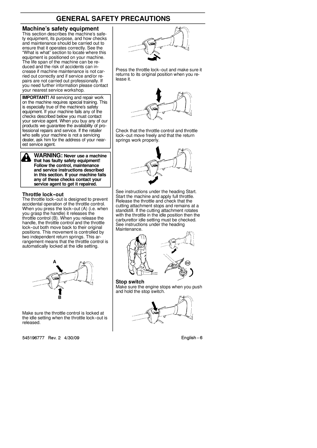 Husqvarna 128LDX manual Machine’s safety equipment, Throttle lock-out, Stop switch 