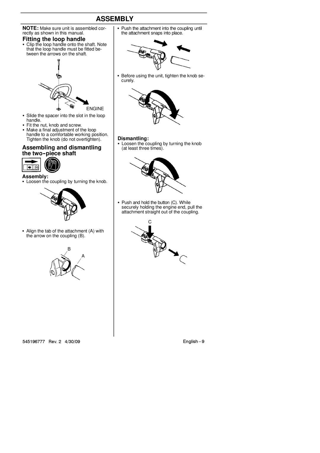 Husqvarna 128LDX manual Assembly, Fitting the loop handle, Assembling and dismantling the two--piece shaft, Dismantling 