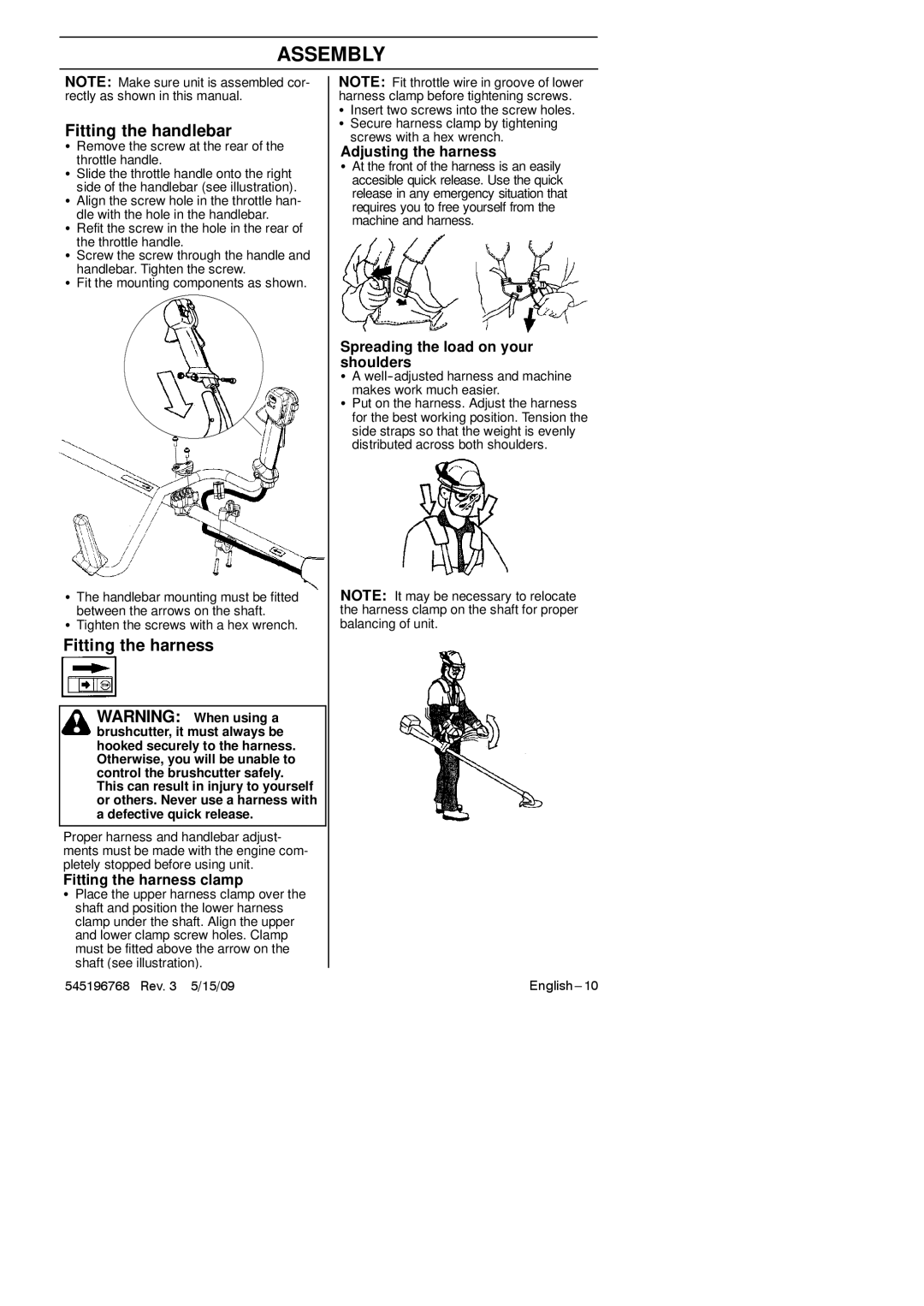 Husqvarna 128R manual Assembly, Fitting the handlebar, Fitting the harness 