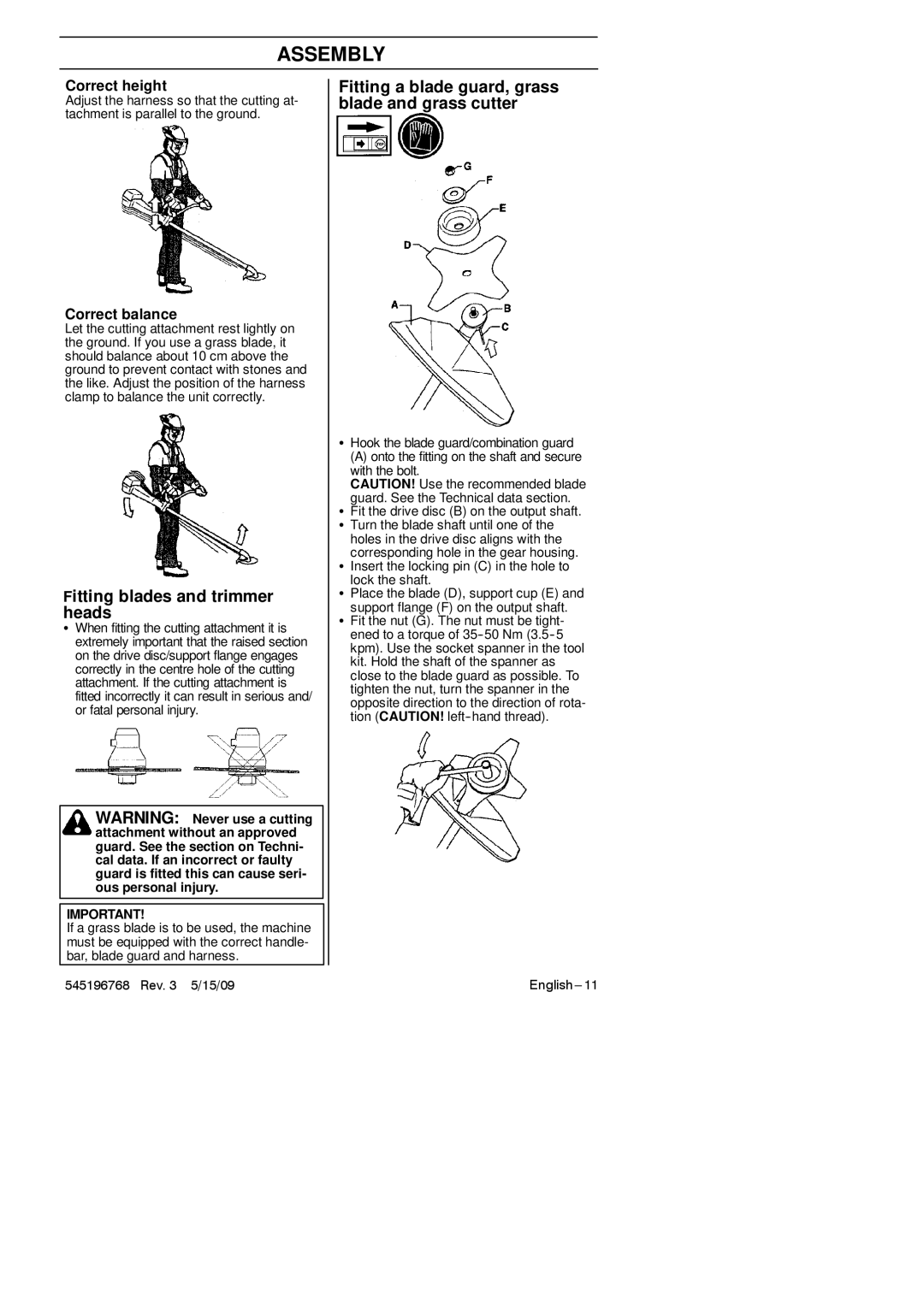 Husqvarna 128R manual Fitting blades and trimmer heads, Fitting a blade guard, grass blade and grass cutter, Correct height 