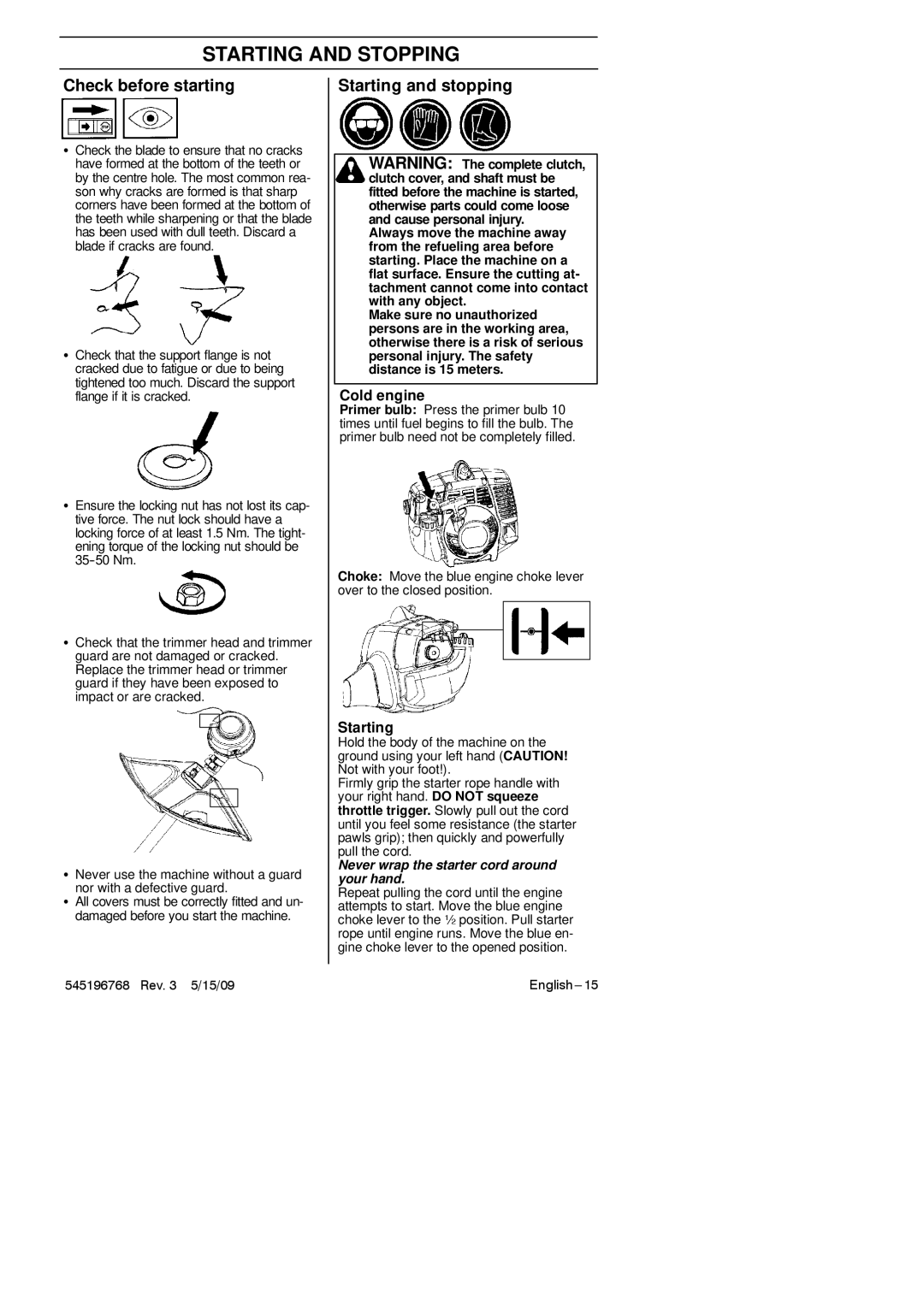 Husqvarna 128R manual Starting and Stopping, Check before starting, Starting and stopping, Cold engine 