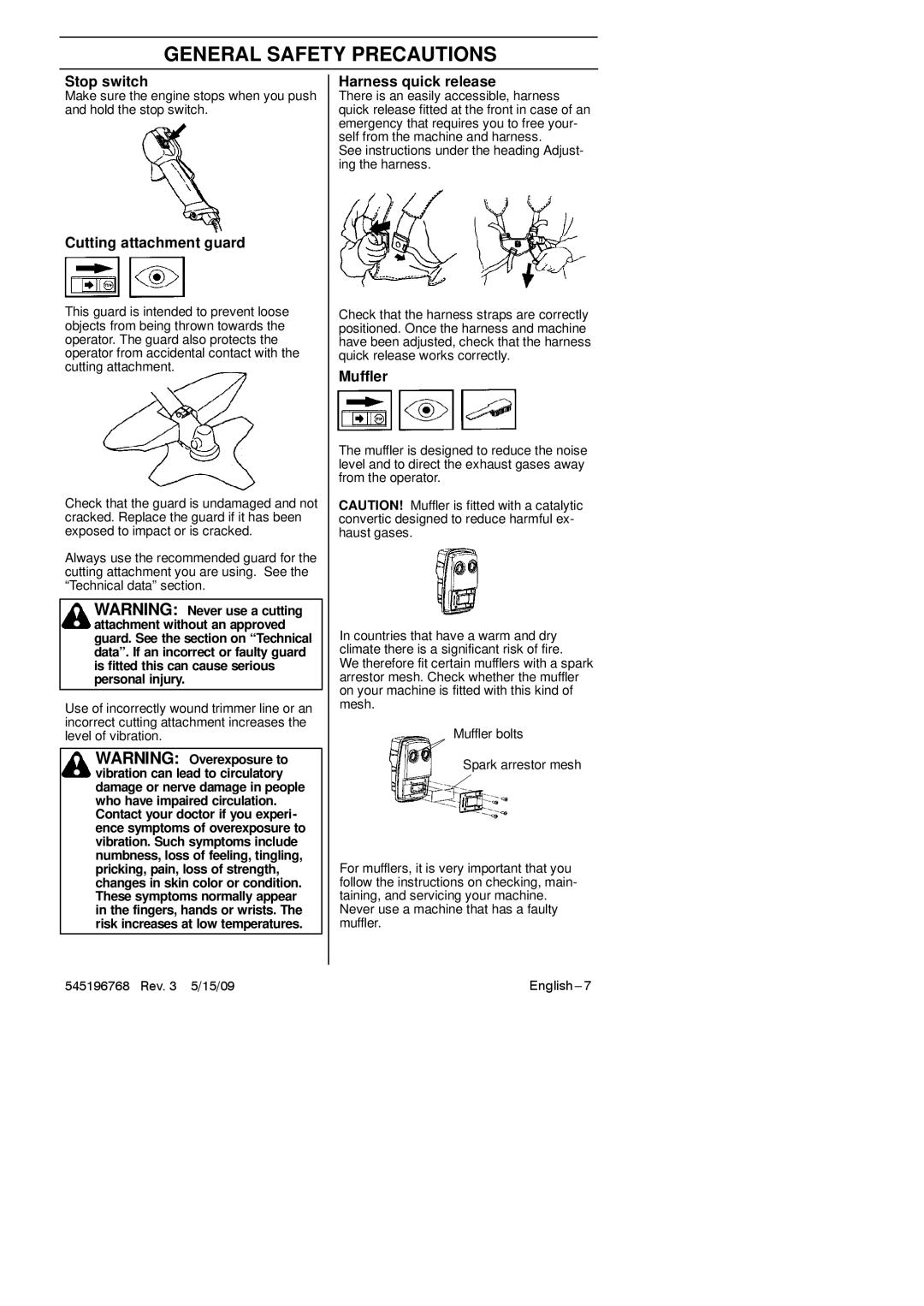 Husqvarna 128R manual Stop switch, Cutting attachment guard, Harness quick release, Muffler 