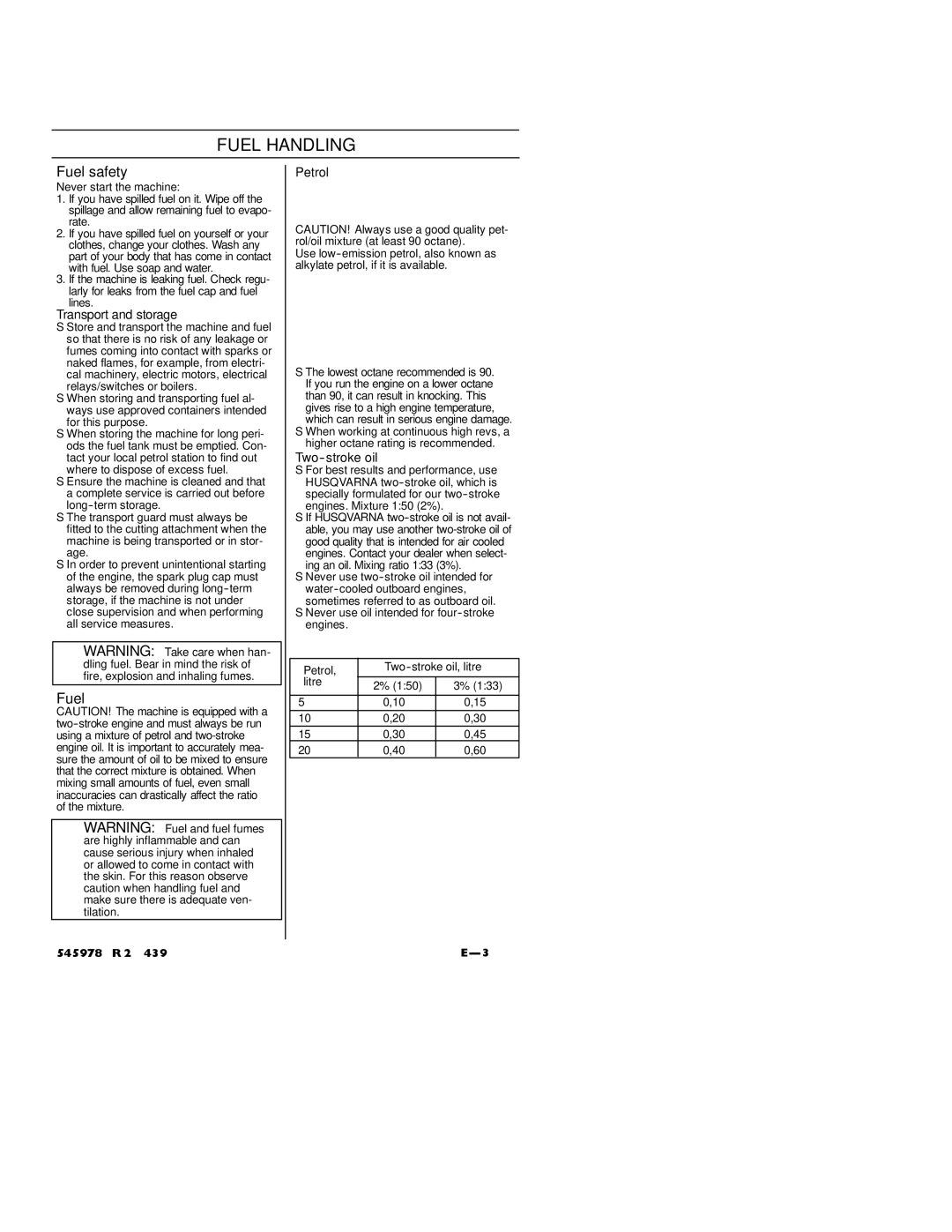 Husqvarna 128RJ manual Fuel Handling, Fuel safety 