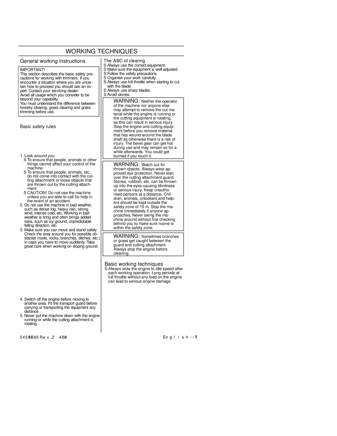 Husqvarna 128RJ manual Working Techniques, General working instructions, Basic working techniques, Basic safety rules 
