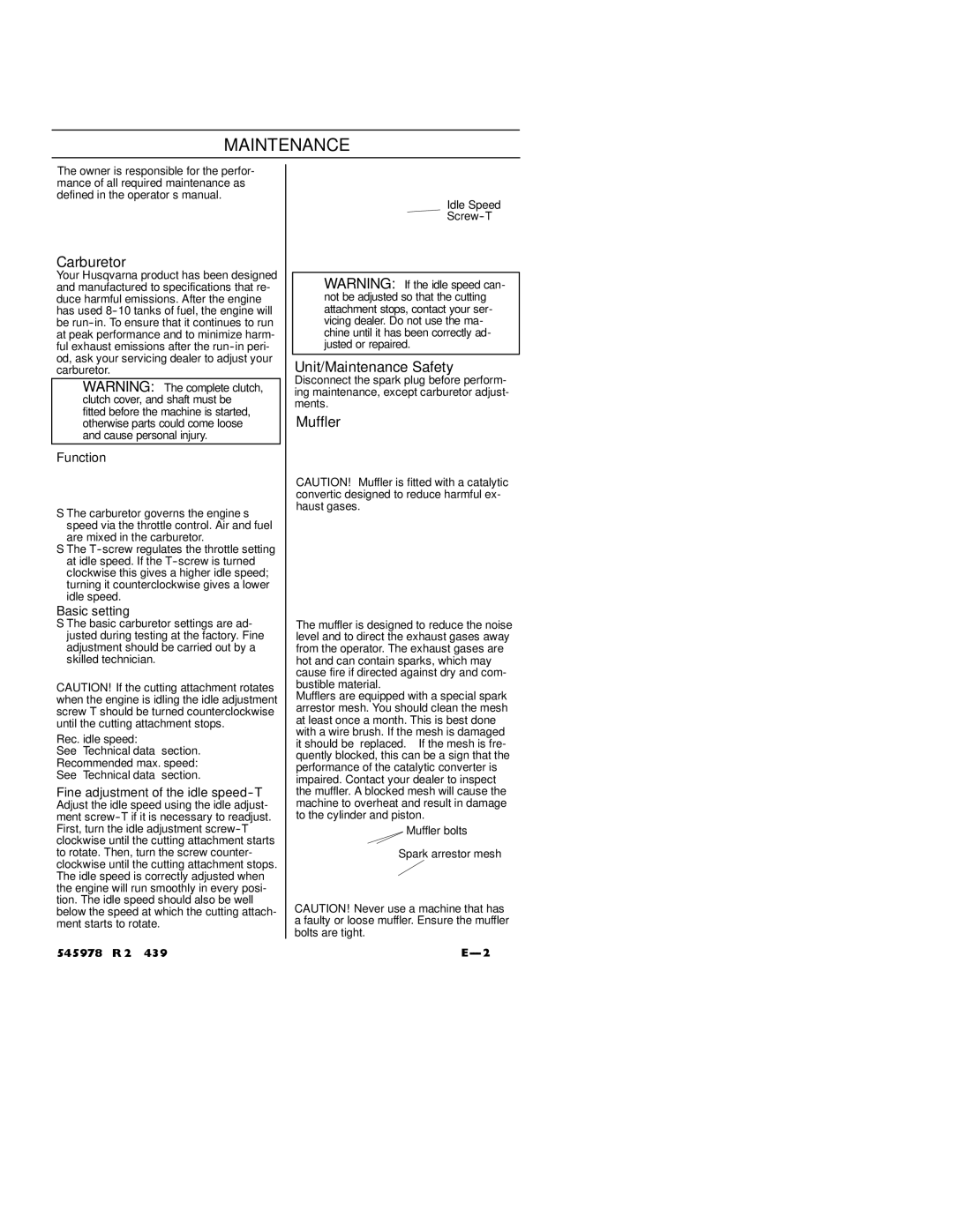Husqvarna 128RJ manual Carburetor, Unit/Maintenance Safety, Muffler 