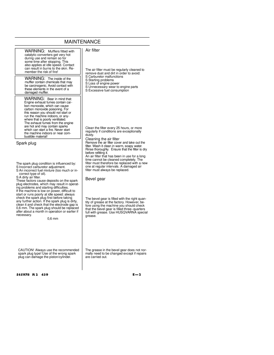 Husqvarna 128RJ manual Spark plug, Air filter, Bevel gear, Cleaning the air filter 