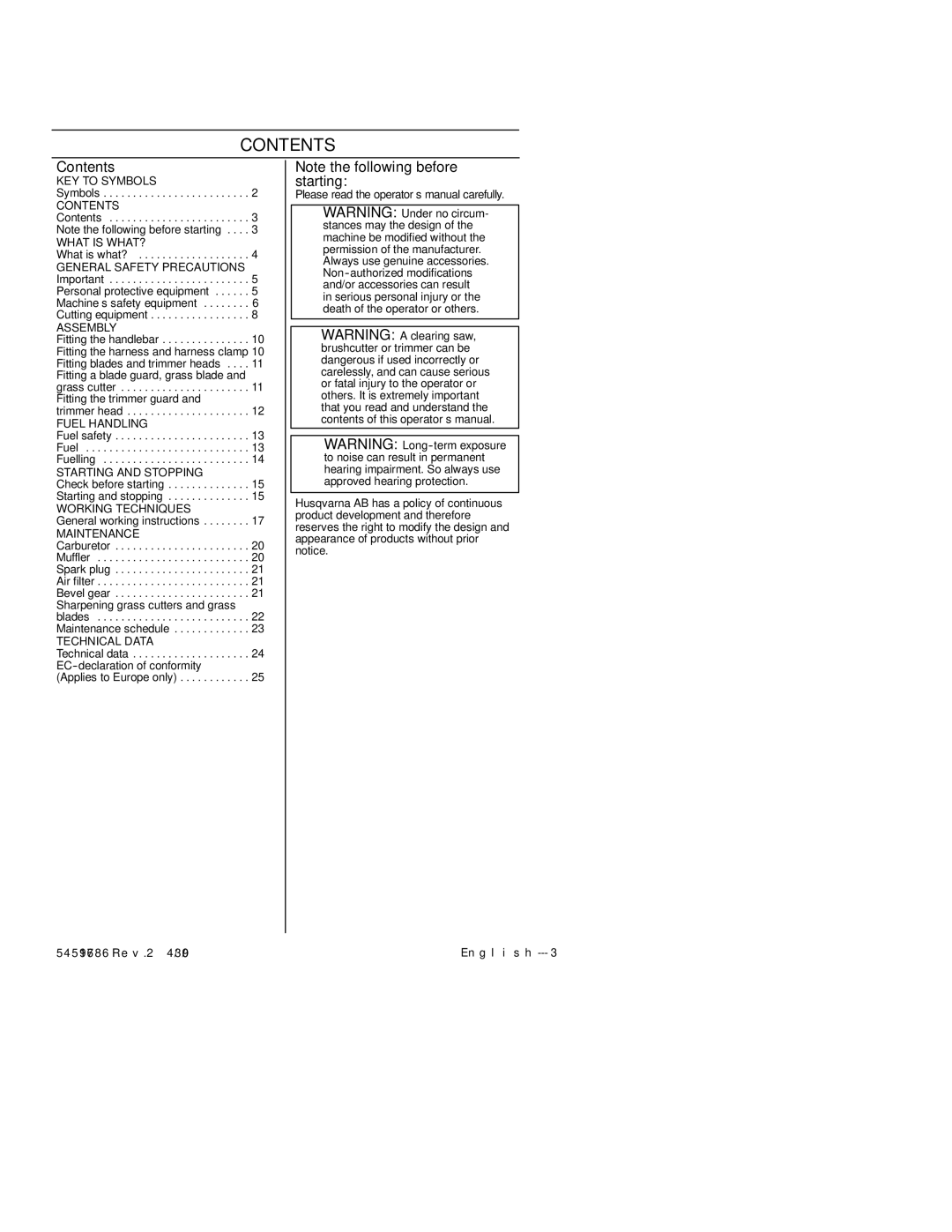 Husqvarna 128RJ manual Contents 