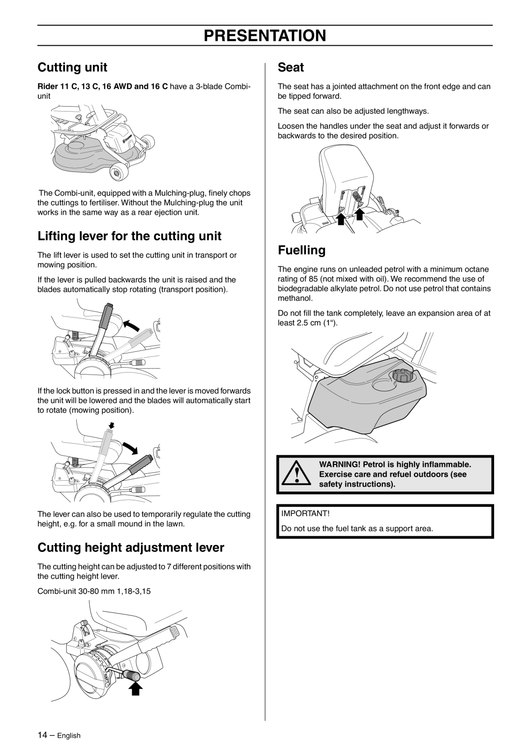 Husqvarna 16 C, 13 C Cutting unit, Lifting lever for the cutting unit, Cutting height adjustment lever, Seat, Fuelling 