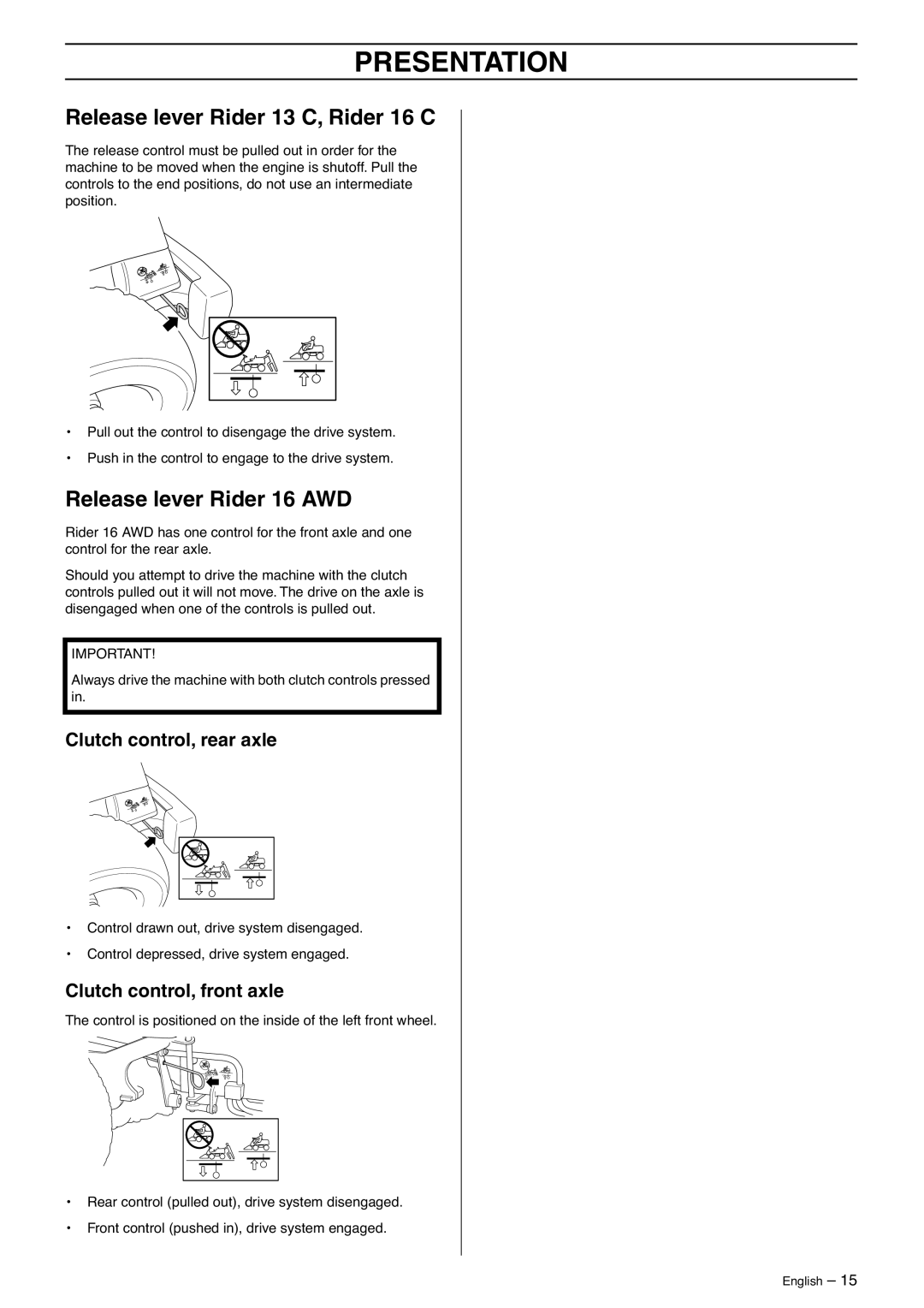 Husqvarna 11 C manual Release lever Rider 13 C, Rider 16 C, Release lever Rider 16 AWD, Clutch control, rear axle 