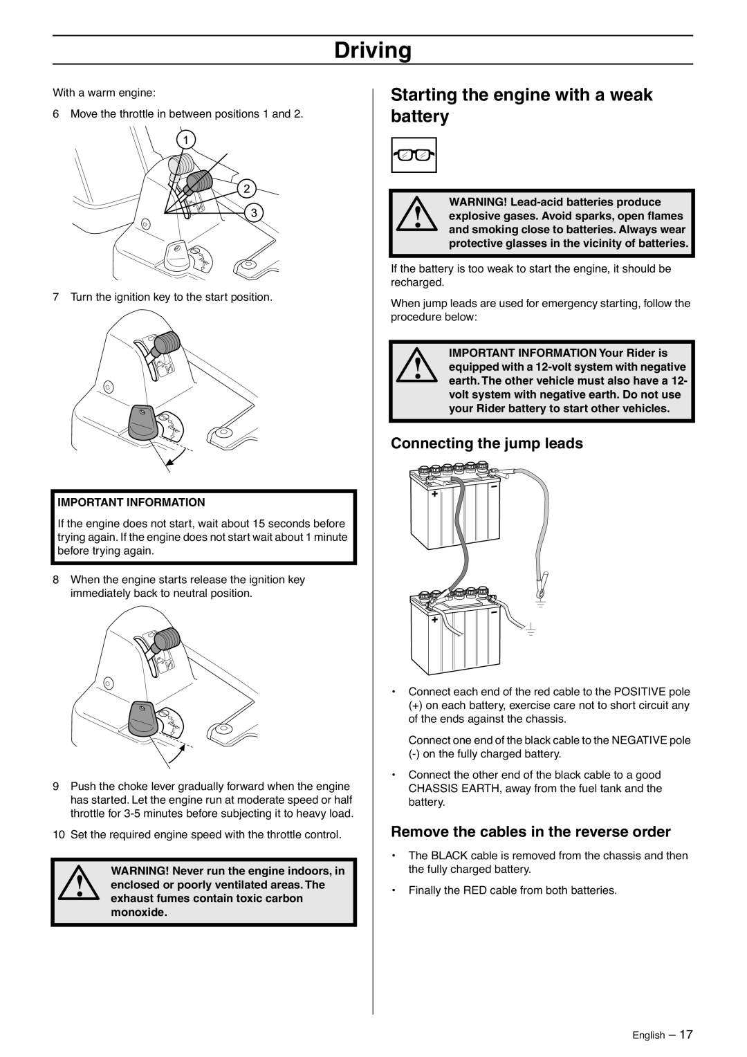 Husqvarna 16 AWD, 13 C, 16 C, 11 C manual Starting the engine with a weak battery, Connecting the jump leads 