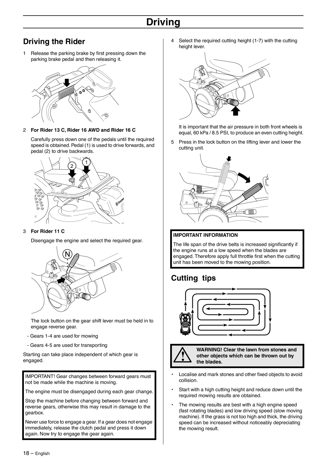 Husqvarna manual Driving the Rider, Cutting tips, For Rider 13 C, Rider 16 AWD and Rider 16 C, For Rider 11 C 