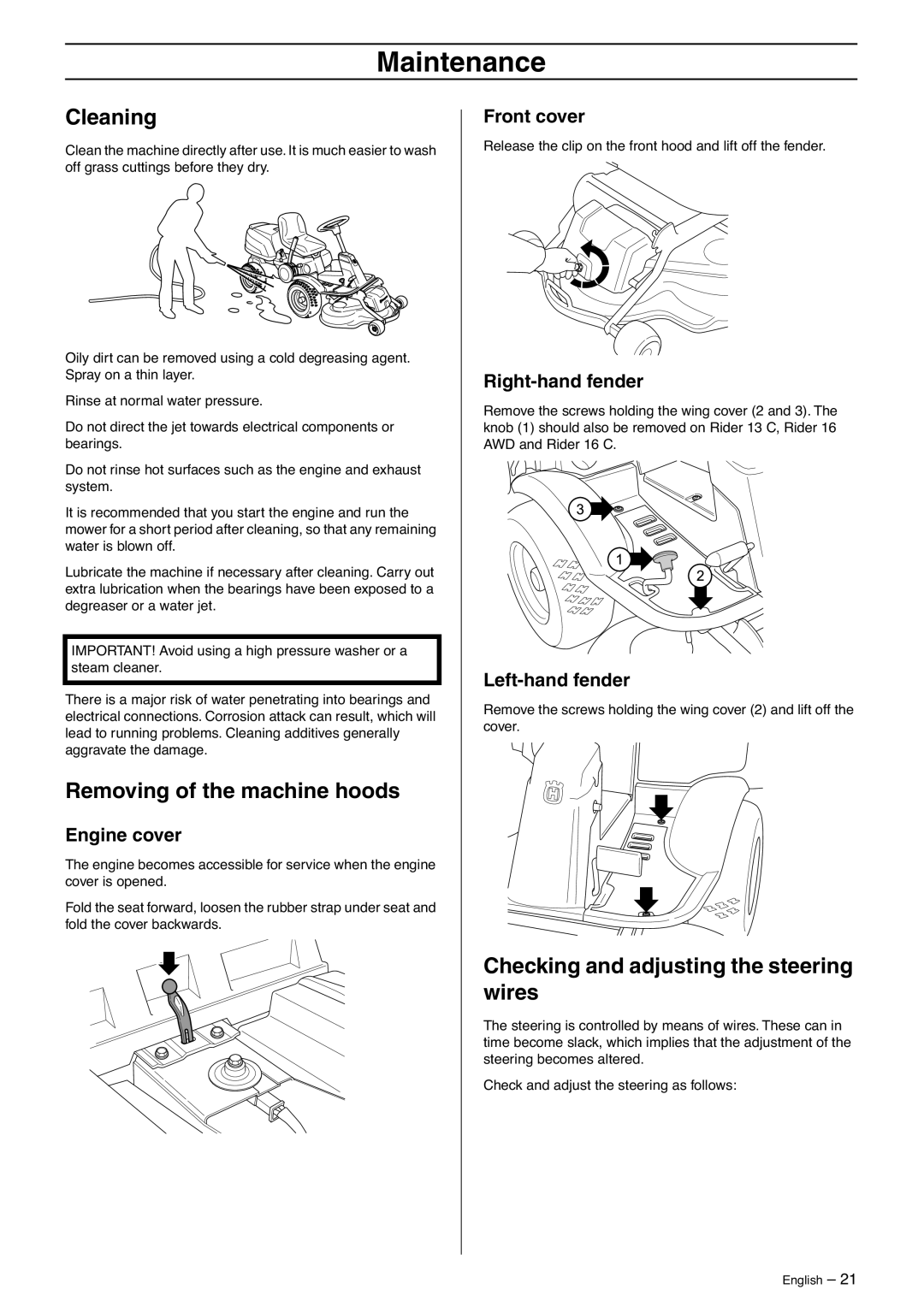 Husqvarna 16 AWD, 13 C, 16 C, 11 C manual Cleaning, Removing of the machine hoods, Checking and adjusting the steering wires 