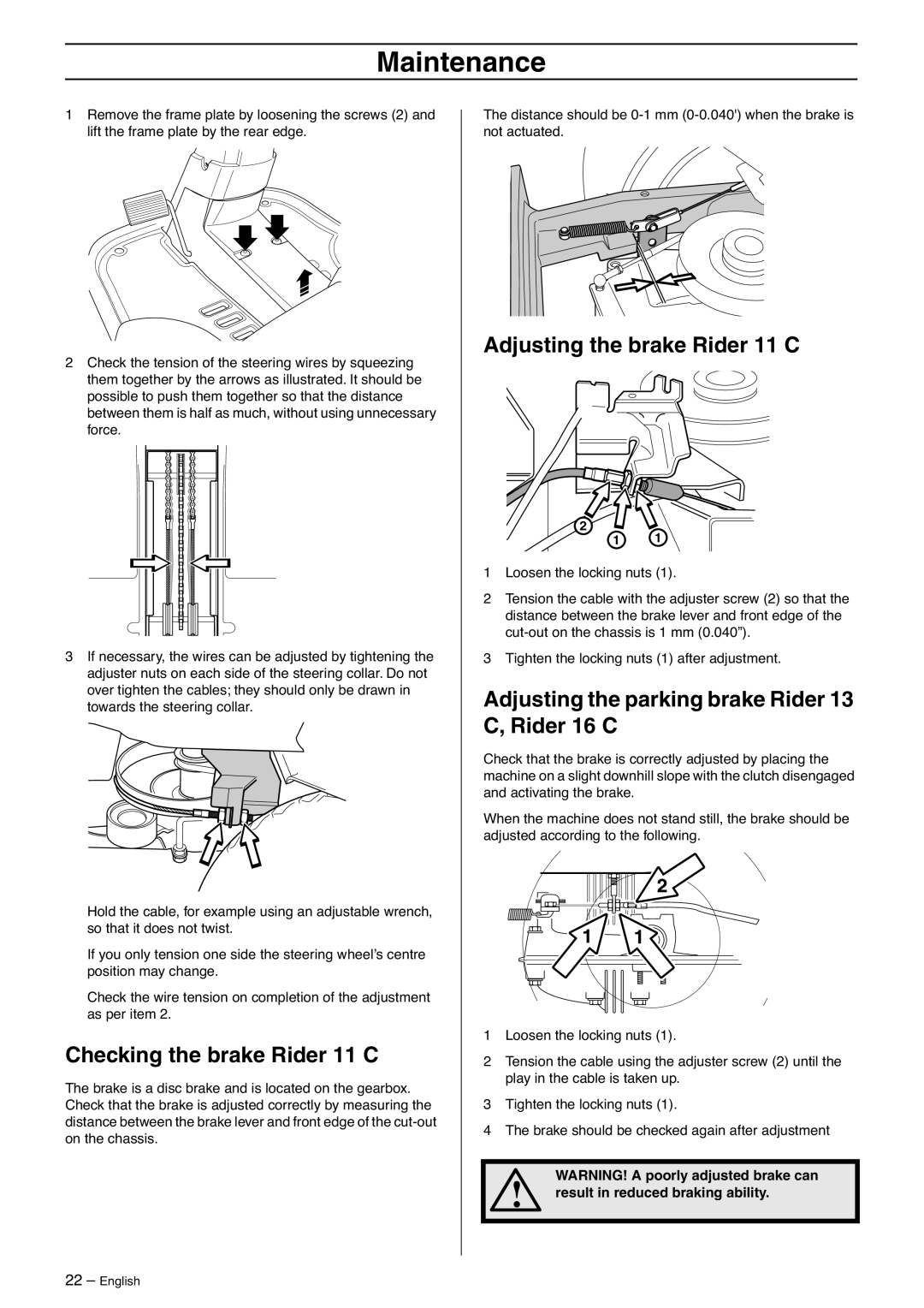 Husqvarna 16 C, 13 C manual Checking the brake Rider 11 C, Adjusting the brake Rider 11 C, Result in reduced braking ability 