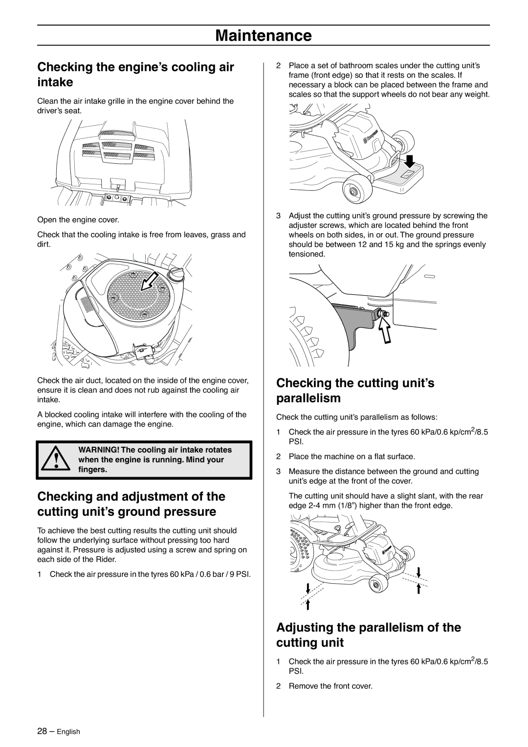 Husqvarna 13 C, 16 AWD, 16 C, 11 C manual Checking the engine’s cooling air intake, Checking the cutting unit’s parallelism 