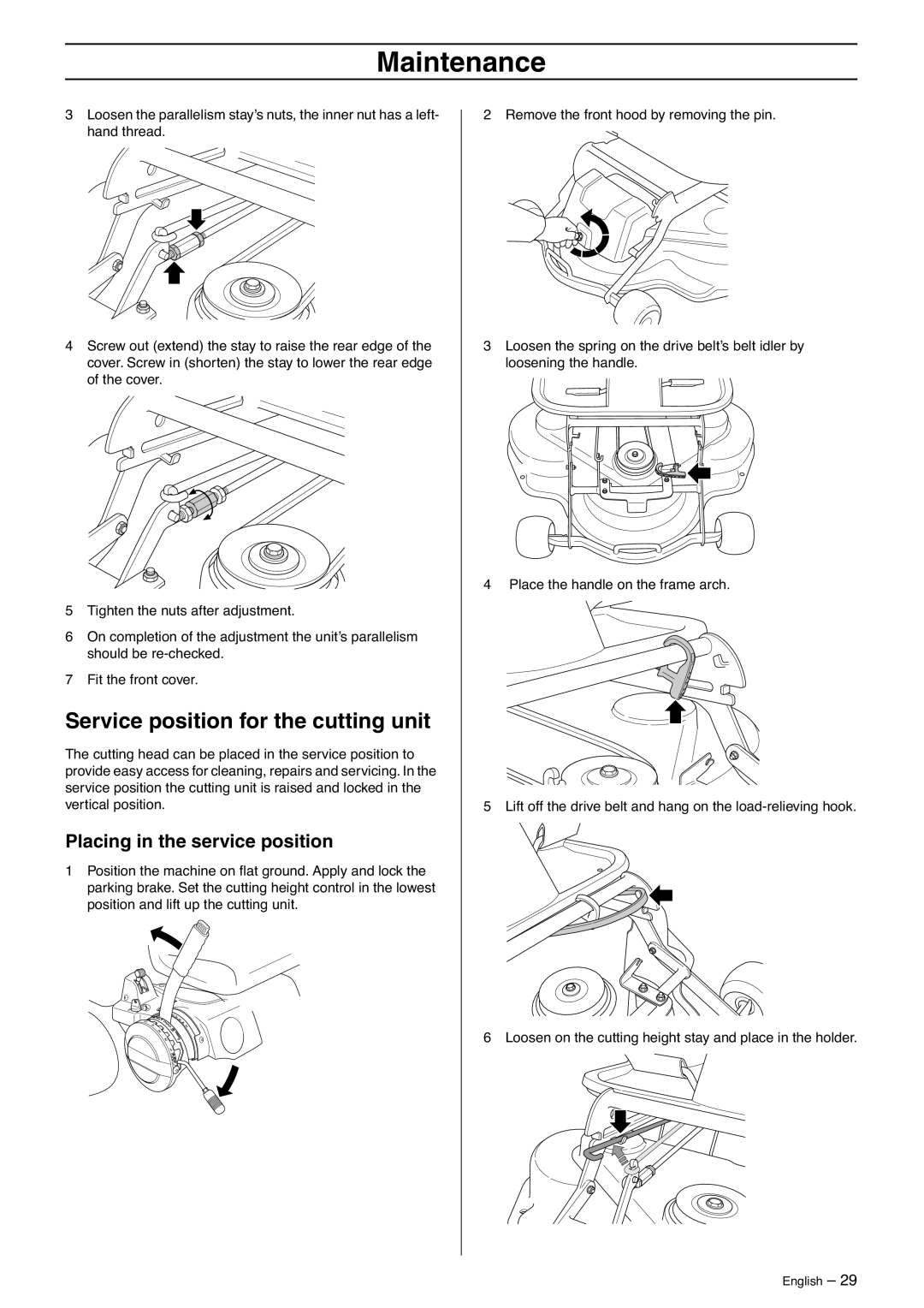 Husqvarna 16 AWD, 13 C, 16 C, 11 C manual Service position for the cutting unit, Placing in the service position 