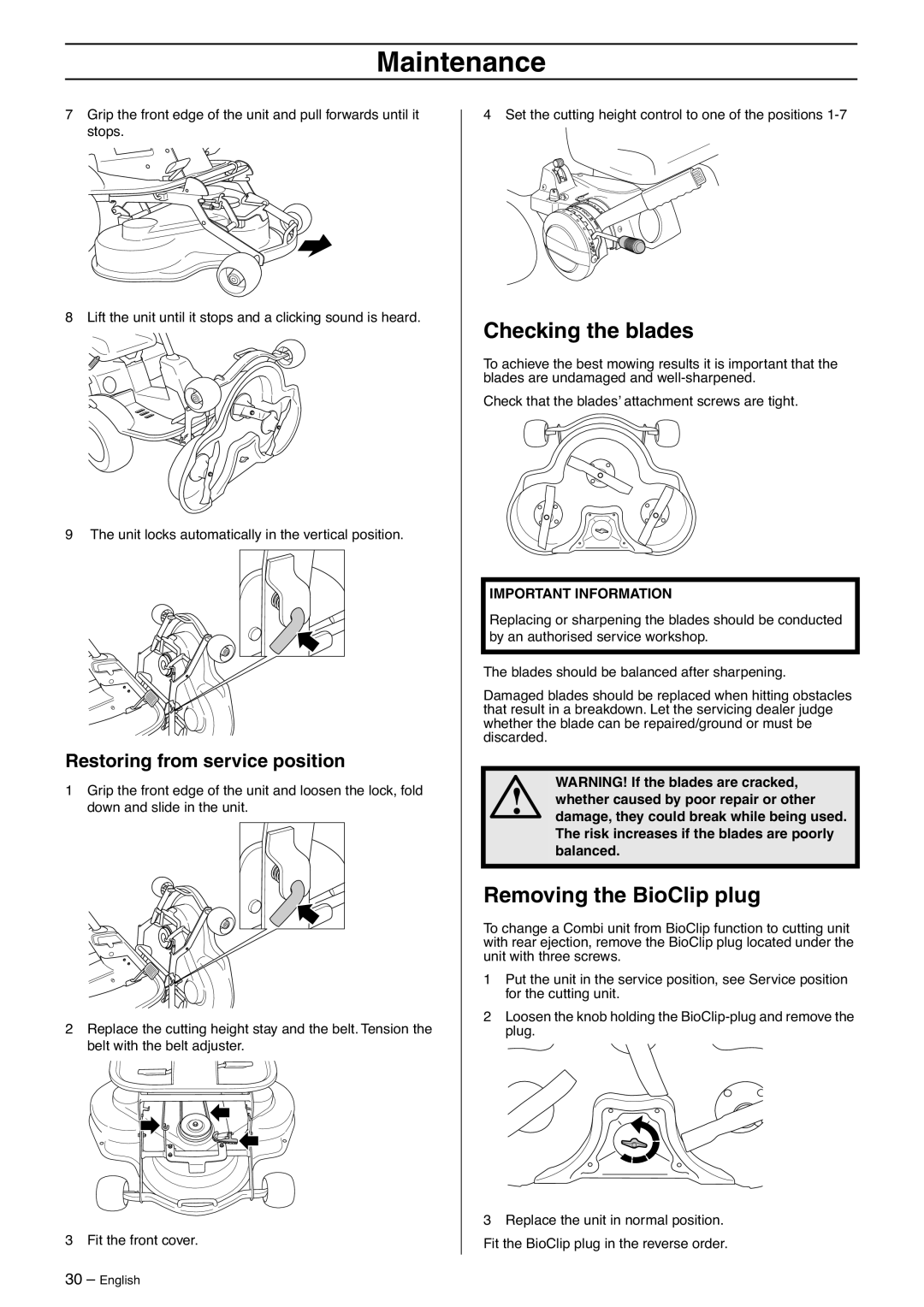 Husqvarna 16 C, 13 C, 16 AWD, 11 C manual Checking the blades, Removing the BioClip plug, Restoring from service position 