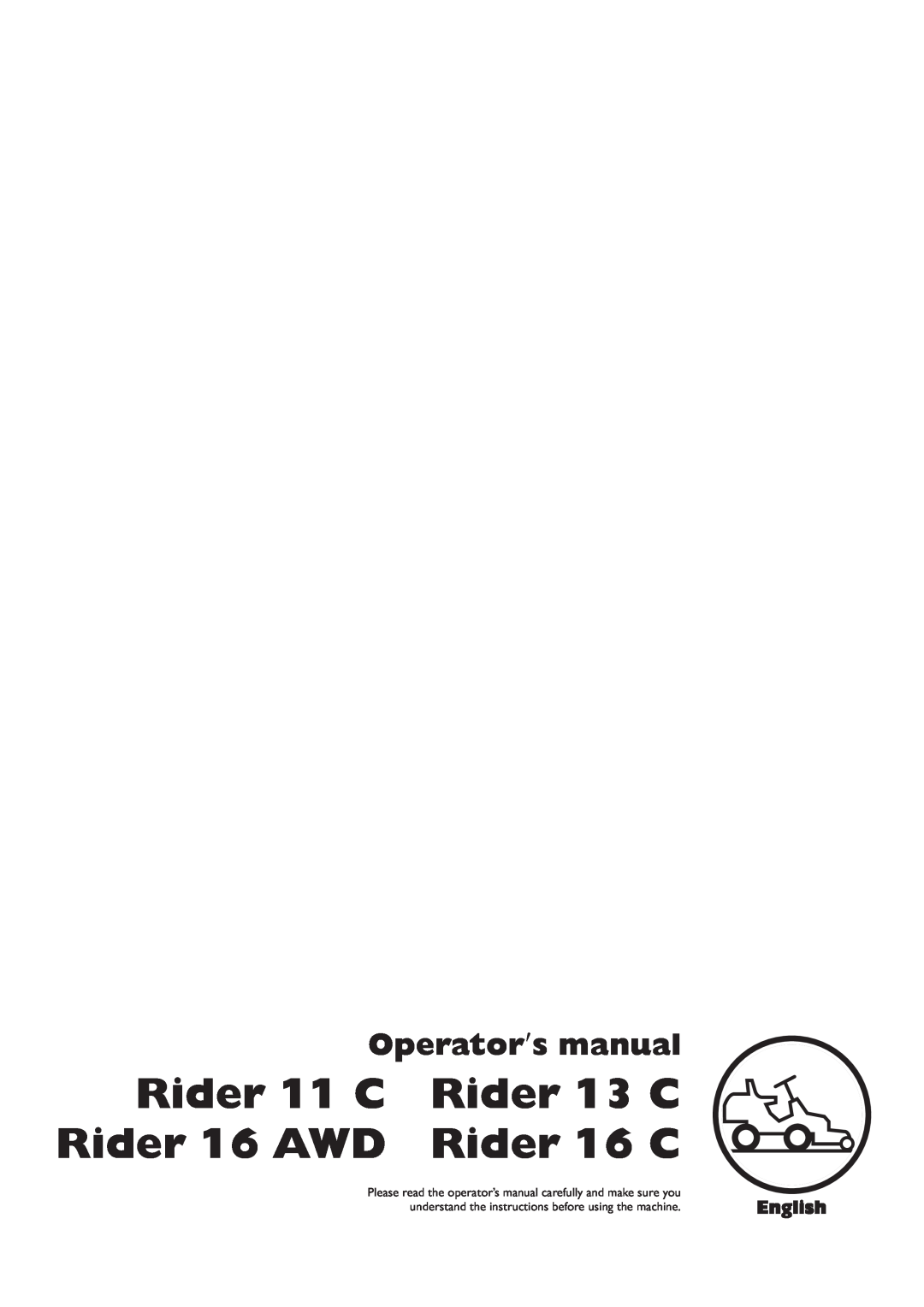Husqvarna manual Rider 11 C, Rider 13 C, Rider 16 AWD, Rider 16 C, Operator′s manual, English 