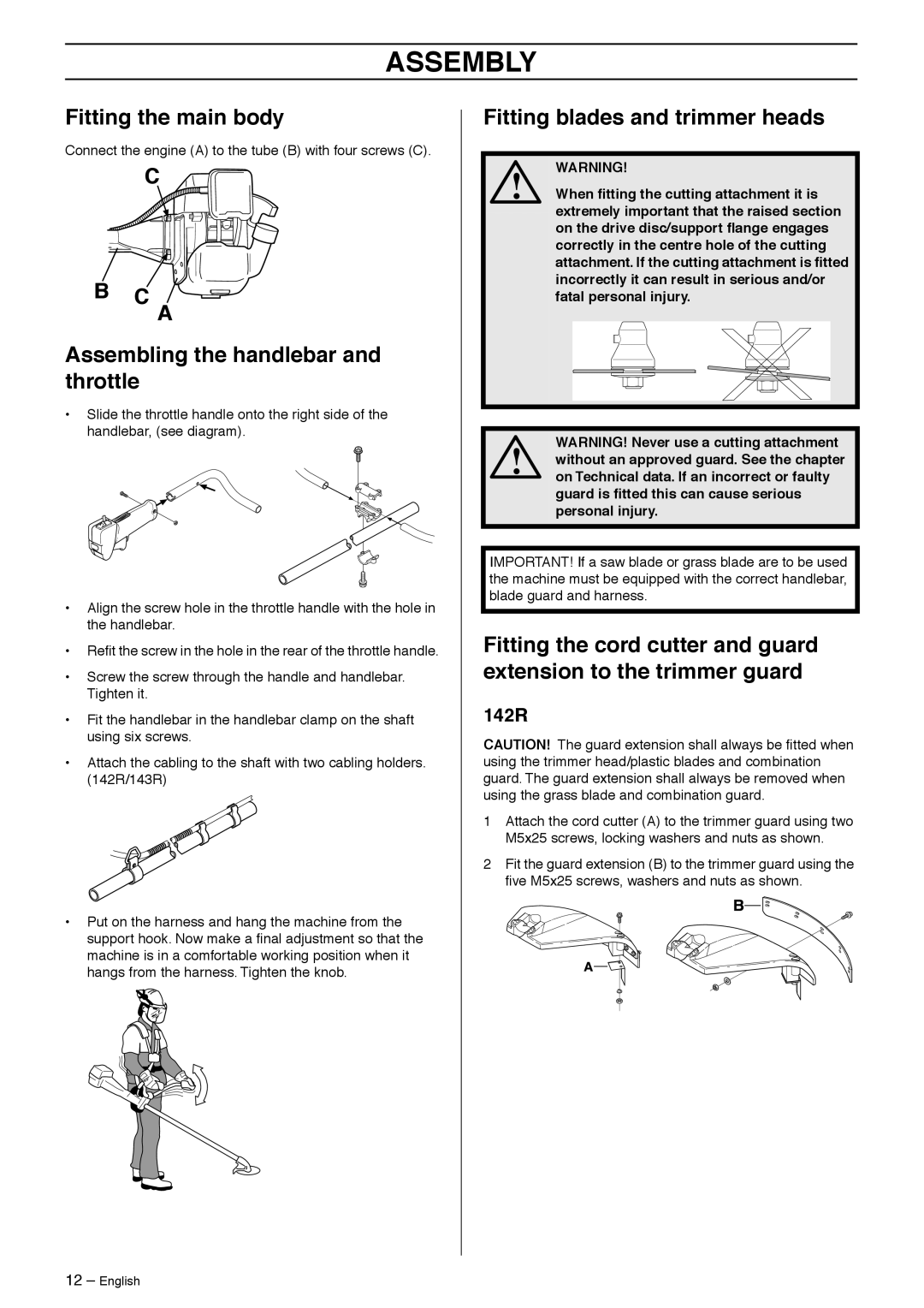 Husqvarna 132R, 133R, 142R, 143R manual Assembly, Fitting the main body, Assembling the handlebar and throttle 