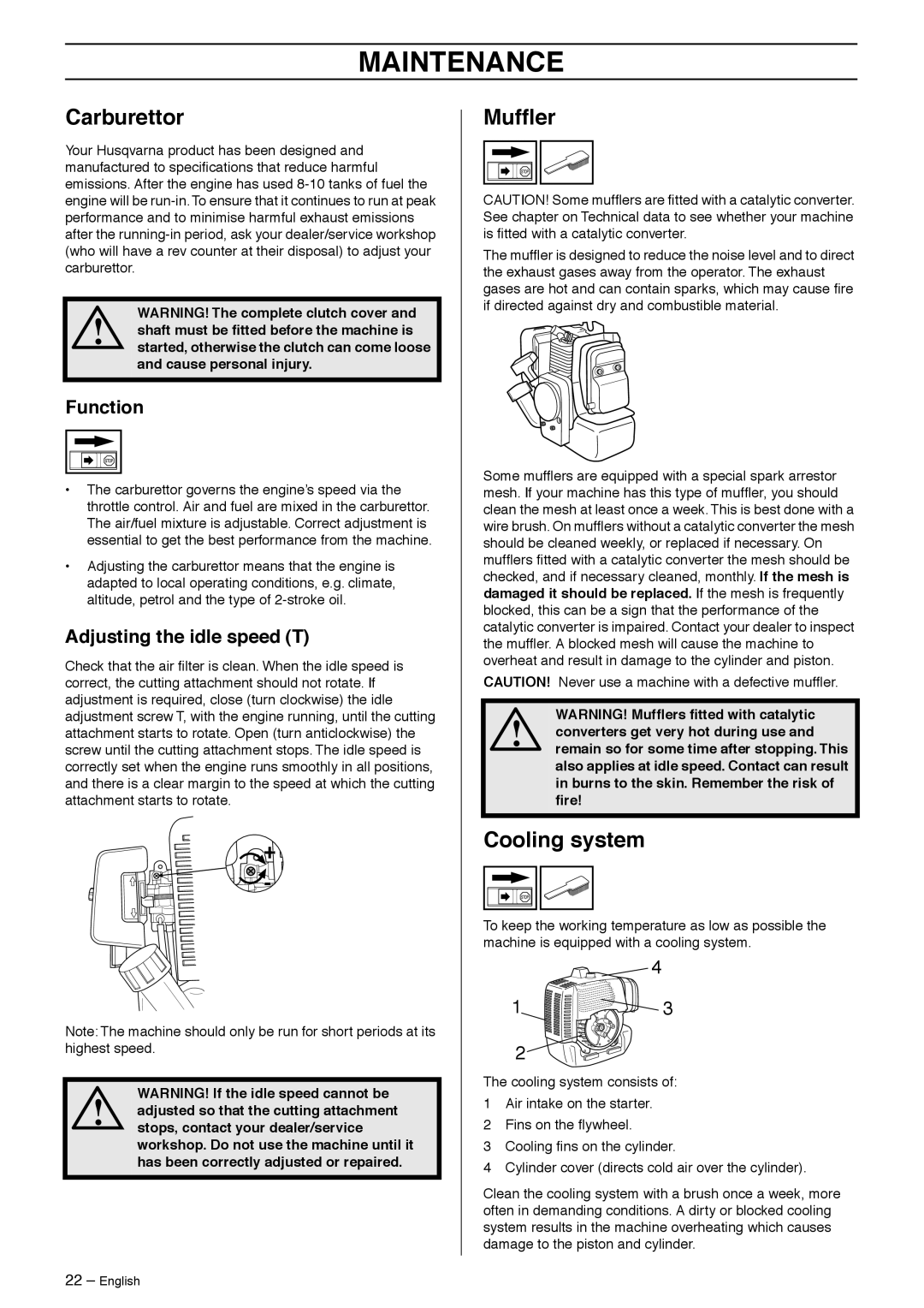 Husqvarna 132R, 133R, 142R, 143R manual Maintenance, Carburettor, Mufﬂer, Cooling system 