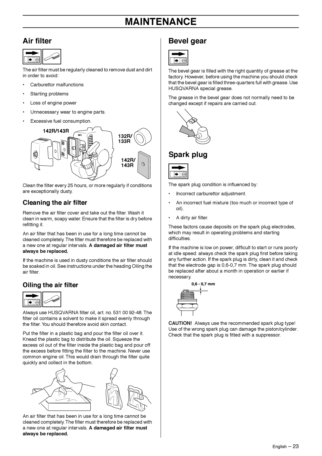 Husqvarna 132R, 133R, 142R, 143R manual Air ﬁlter, Bevel gear, Spark plug, Cleaning the air ﬁlter, Oiling the air ﬁlter 