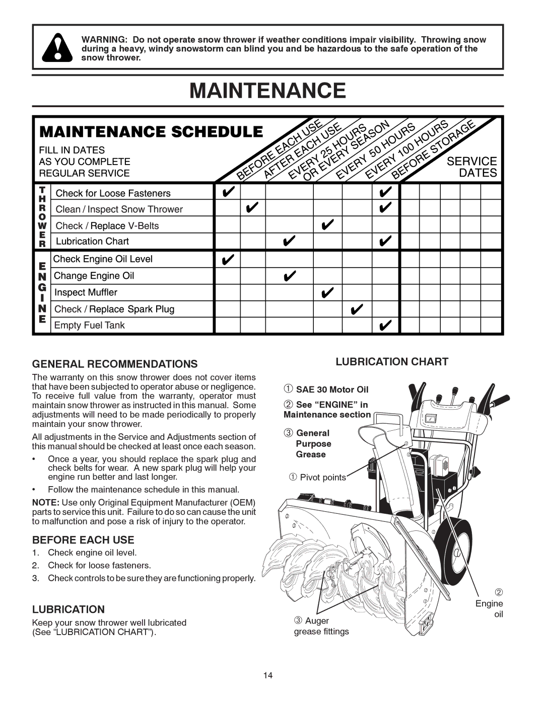 Husqvarna 1330SB-XLSB owner manual Maintenance, General Recommendations, Before Each USE, Lubrication 