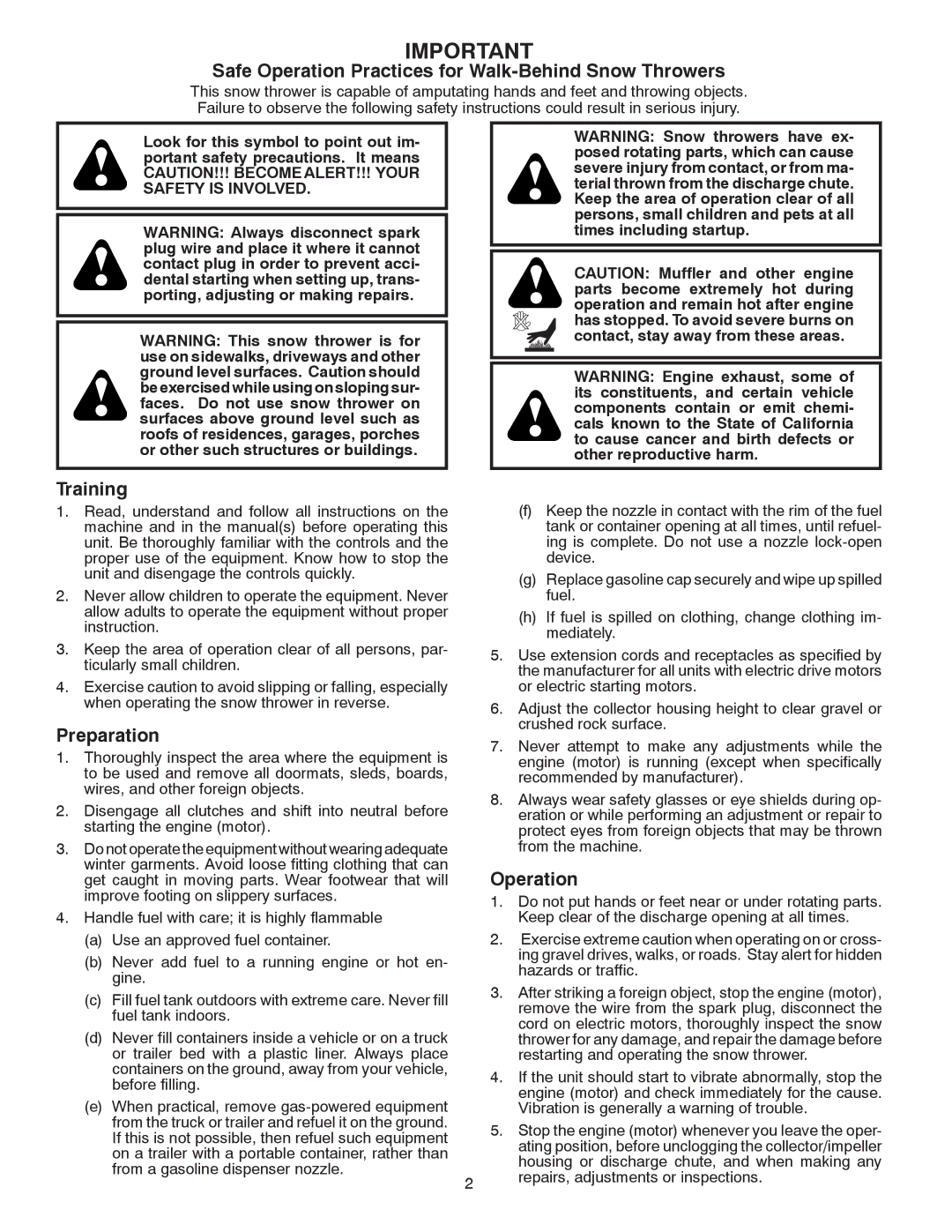 Husqvarna 1330SB-XLSB owner manual Safe Operation Practices for Walk-Behind Snow Throwers 