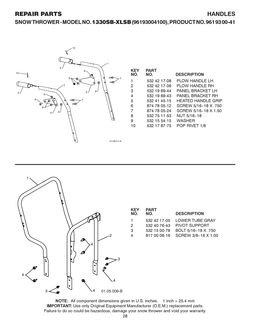 Husqvarna 1330SB-XLSB owner manual Washer, POP Rivet 1/8 