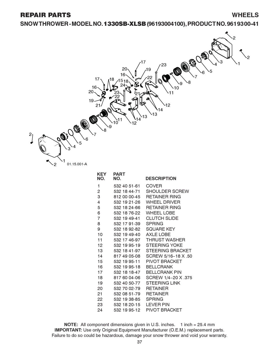 Husqvarna 1330SB-XLSB owner manual Cover, Wheel Lobe, Spring, Axle Lobe, Lever PIN 