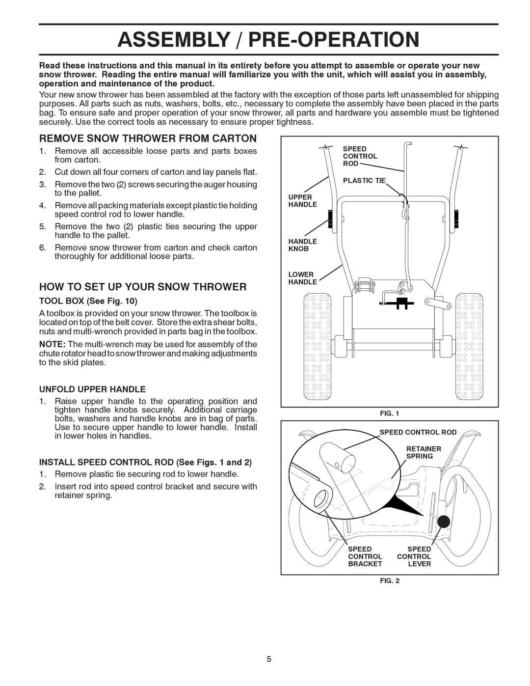 Husqvarna 1330SB-XLSB Assembly / PRE-OPERATION, Remove Snow Thrower from Carton, HOW to SET UP Your Snow Thrower 