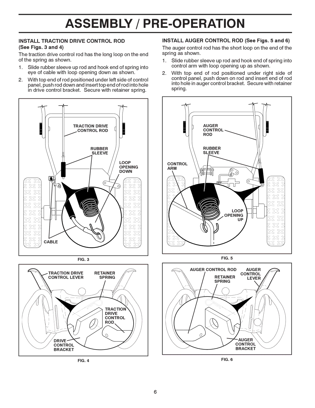 Husqvarna 1330SB-XLSB owner manual Install Traction Drive Control ROD See Figs, Install Auger Control ROD See Figs 