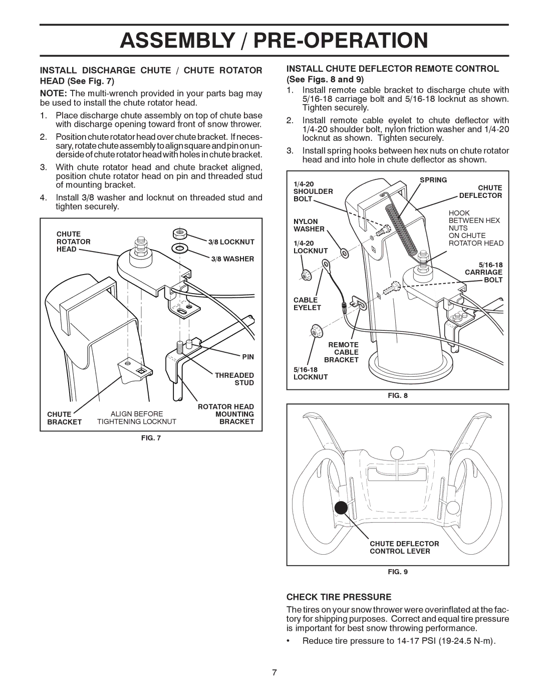 Husqvarna 1330SB-XLSB owner manual Install Discharge Chute / Chute Rotator Head See Fig, Check Tire Pressure 