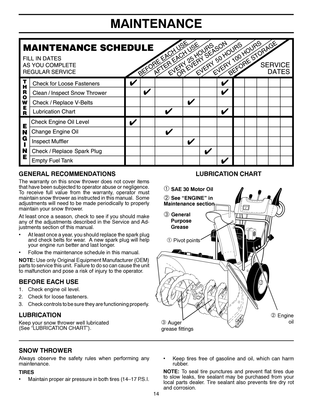 Husqvarna 1330SB owner manual Maintenance, General Recommendations, Before Each USE, Lubrication, Snow Thrower 