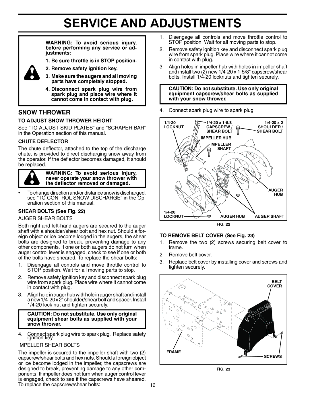 Husqvarna 1330SB owner manual Service and Adjustments, To Adjust Snow Thrower Height, Chute Deflector, Shear Bolts See Fig 