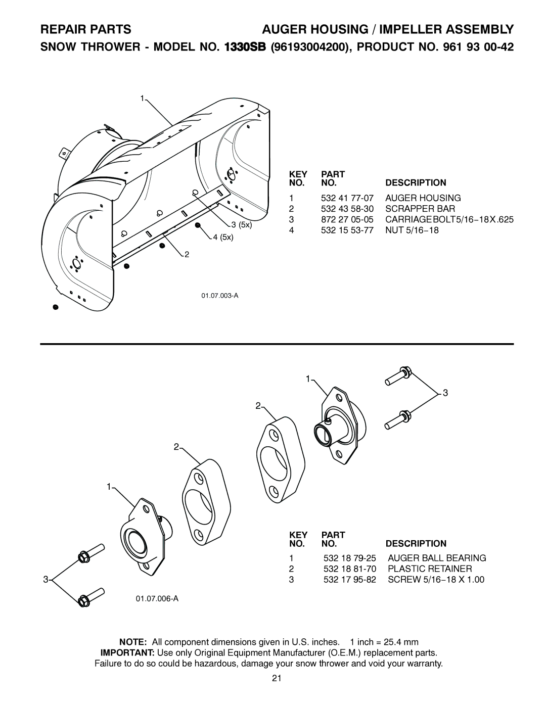 Husqvarna 1330SB Repair Parts, Auger Housing / Impeller Assembly, KEY Part Description, CARRIAGEBOLT5/16−18X.625 