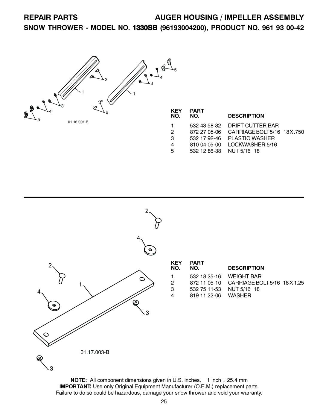 Husqvarna 1330SB owner manual CARRIAGEBOLT5/16−18X.750, Weight BAR 