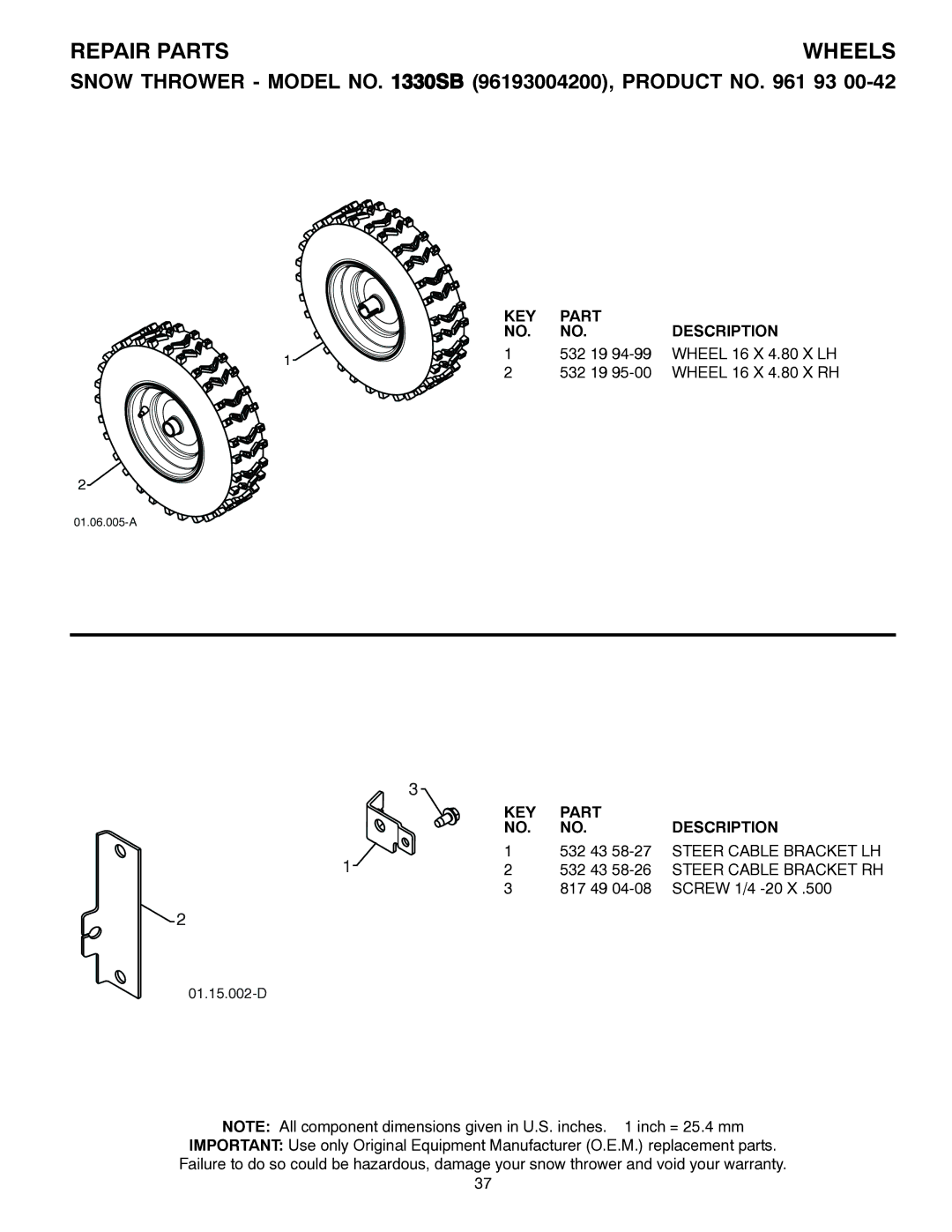 Husqvarna 1330SB owner manual Wheels, 532 43 58-27 Steer Cable Bracket LH, Steer Cable Bracket RH 