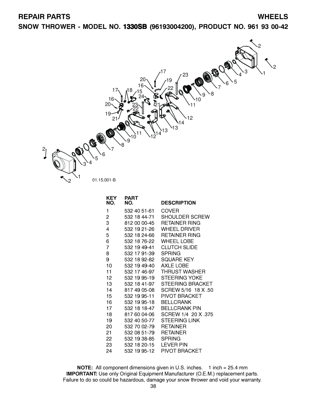 Husqvarna 1330SB owner manual Wheels, Cover, Wheel Lobe, Axle Lobe, Lever PIN 