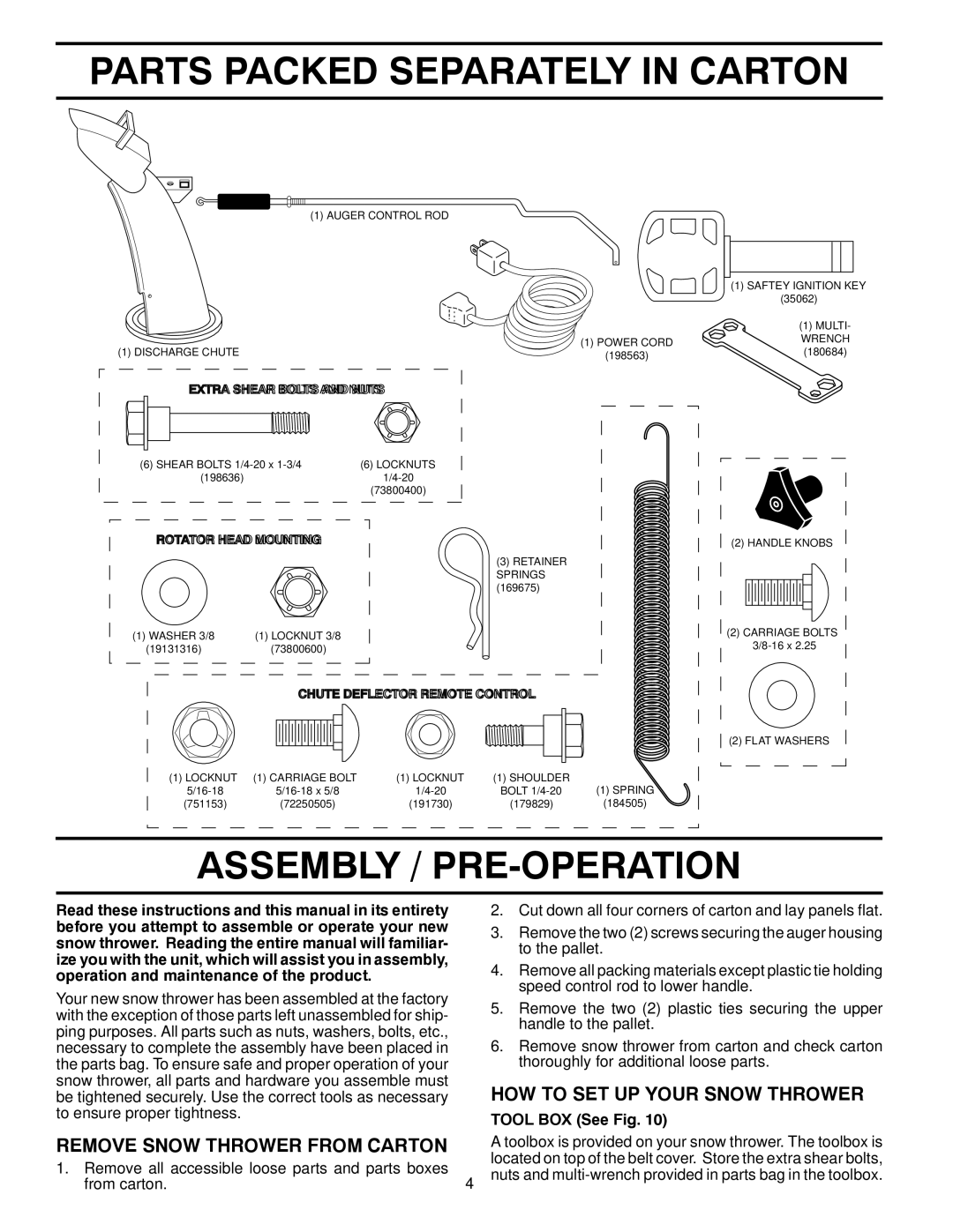 Husqvarna 1330SB owner manual Parts Packed Separately in Carton, Assembly / PRE-OPERATION, HOW to SET UP Your Snow Thrower 