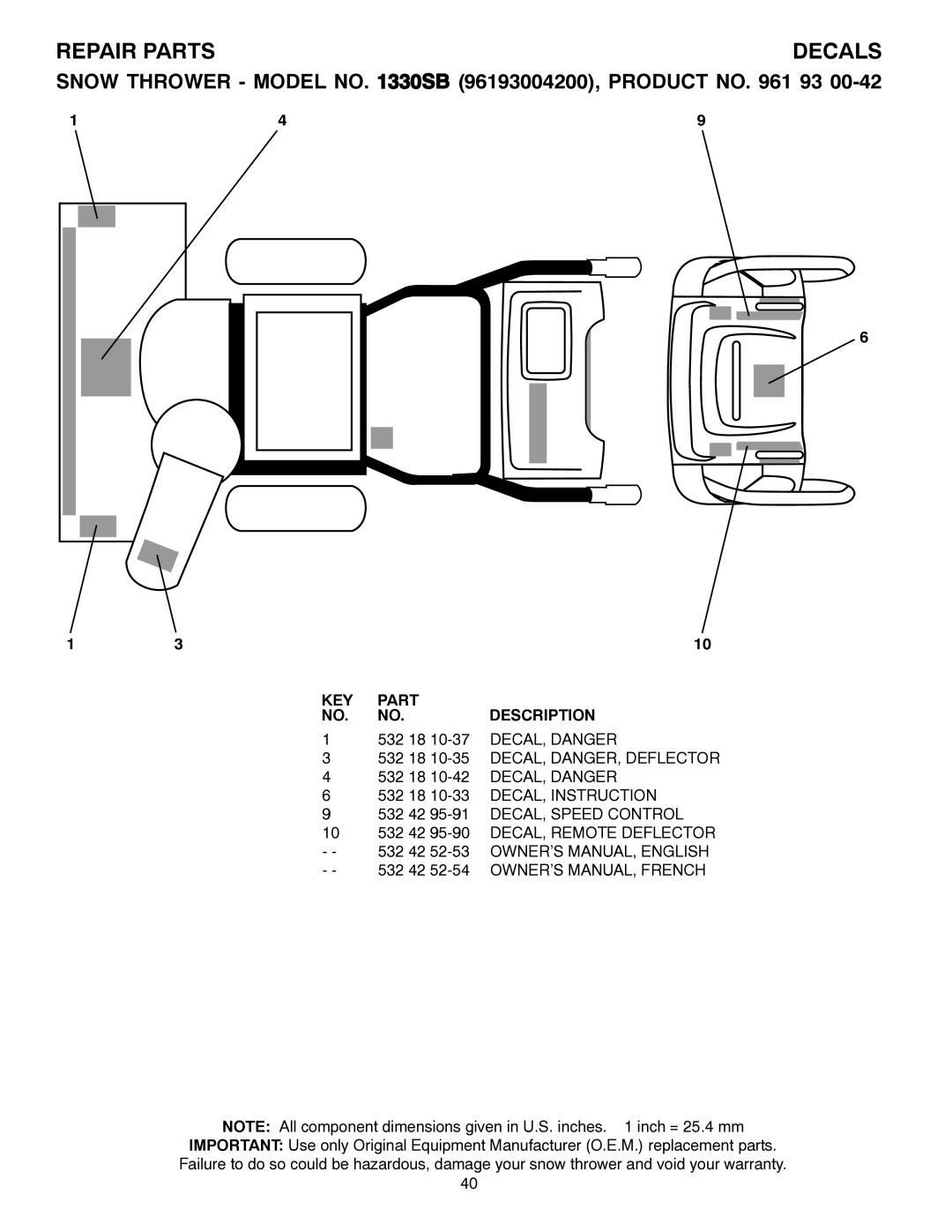 Husqvarna 1330SB Repair Parts Decals, 532 18 10-35 DECAL, DANGER, Deflector, 532 42 95-90 DECAL, Remote Deflector 