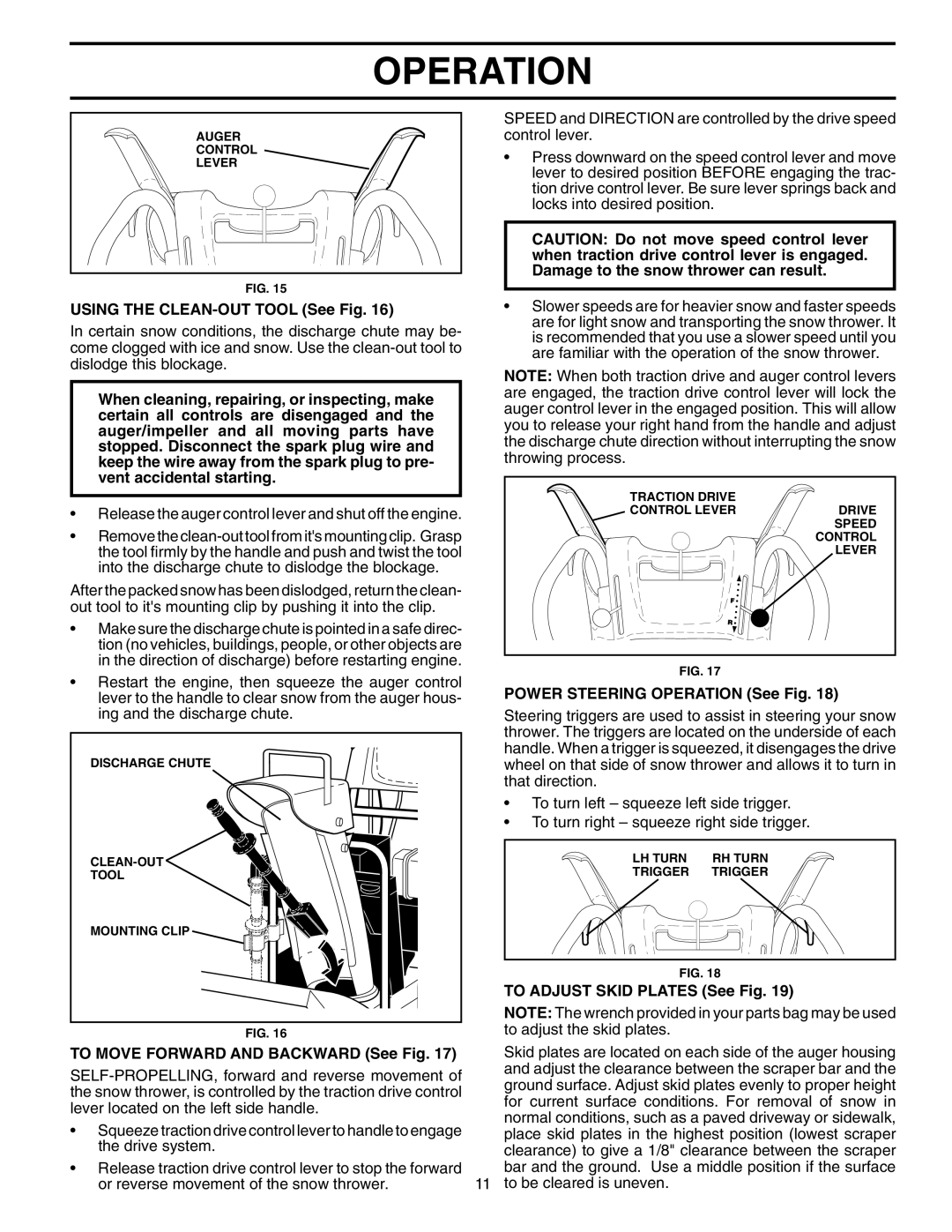 Husqvarna 1330SBEXP Using the CLEAN-OUT Tool See Fig, To Move Forward and Backward See Fig, To Adjust Skid Plates See Fig 