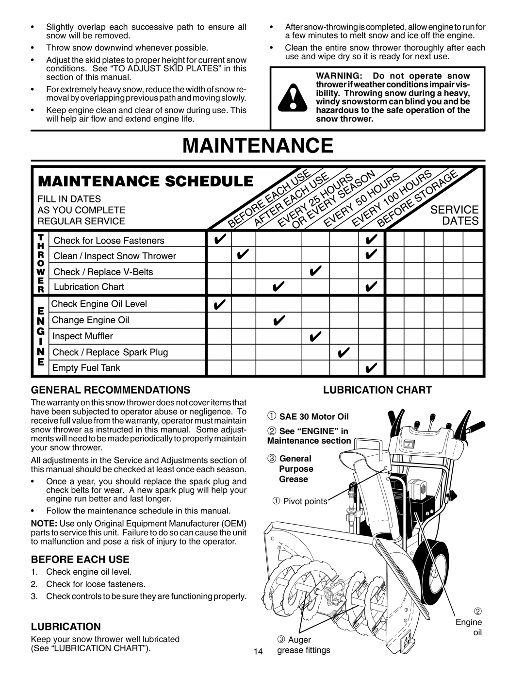 Husqvarna 1330SBEXP owner manual Maintenance, General Recommendations, Before Each USE, Lubrication 