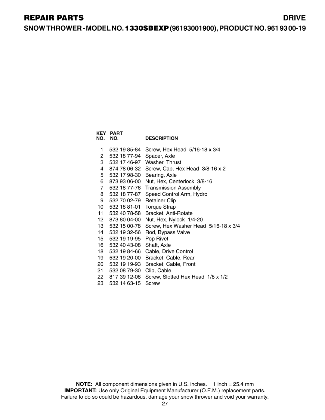 Husqvarna 1330SBEXP owner manual Repair Parts 