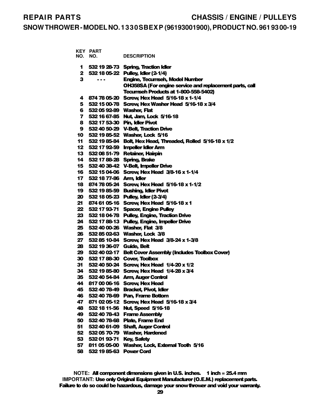 Husqvarna 1330SBEXP owner manual Repair Parts 