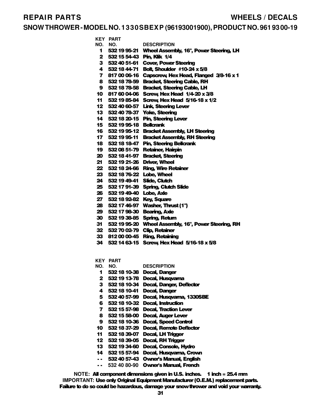 Husqvarna 1330SBEXP owner manual Wheels / Decals 